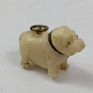 Vintage Miniature Celluloid Bulldog Dog Charm Japan Cream with Collar & Ring